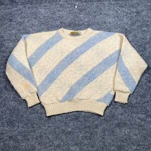 Iceware Mens Pure New Wool Sweater XS Blue Cream Diagonal Stripe Made in Iceland